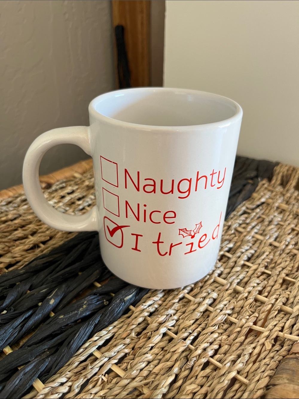 White 'I Tried' Holiday Coffee Mug - Red Print